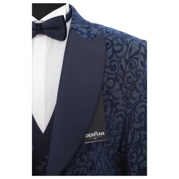 Derman Navy Floral Patterned Glittery Tuxedo - Picture 3 of 4